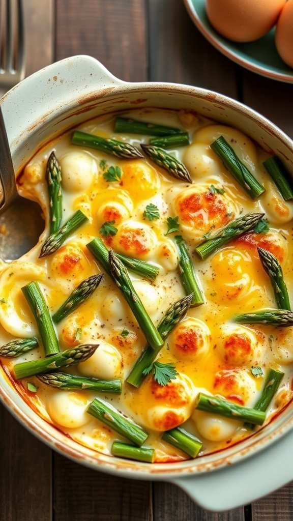 A golden baked asparagus and egg casserole with cheese, garnished with parsley, on a wooden table.